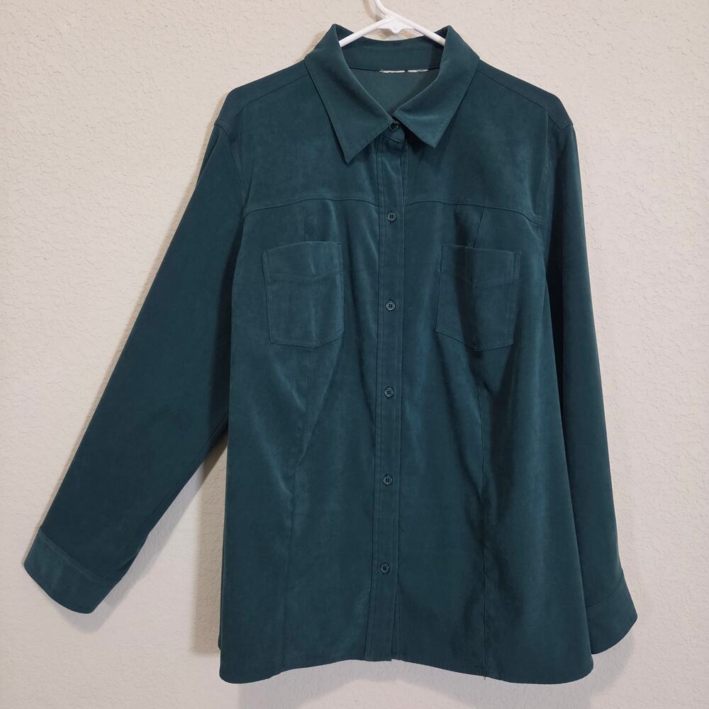 Dark Green Button Up Shirt Womens XL 1X  Long Sleeves Casual Fall Winter